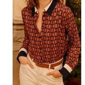 Express Orange Geometric Print Long-Sleeve Button-Front Top Women’s Size M